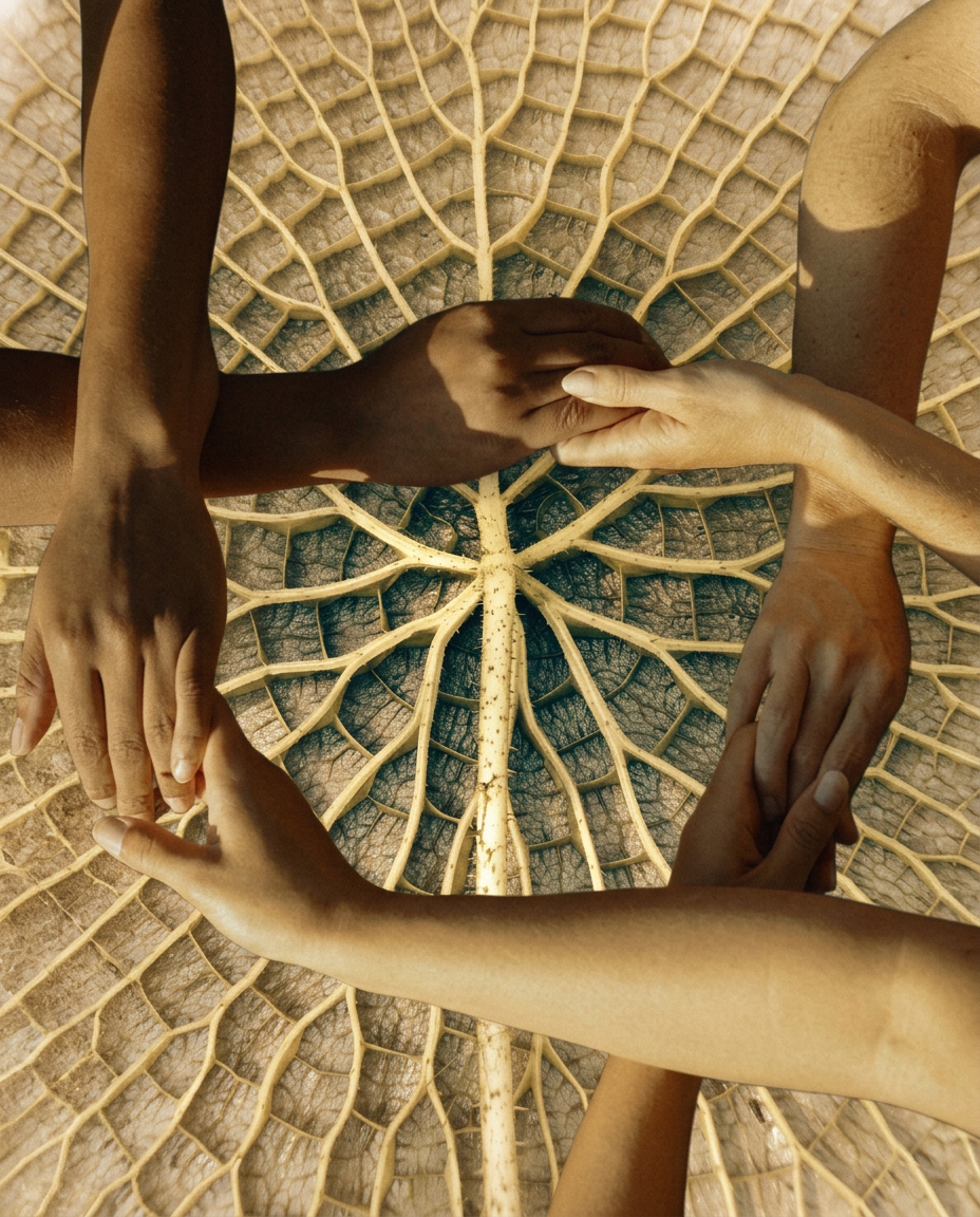 Four hands meeting at the still center of a radiating lily-pad vein pattern — symbol of human connection within living systems